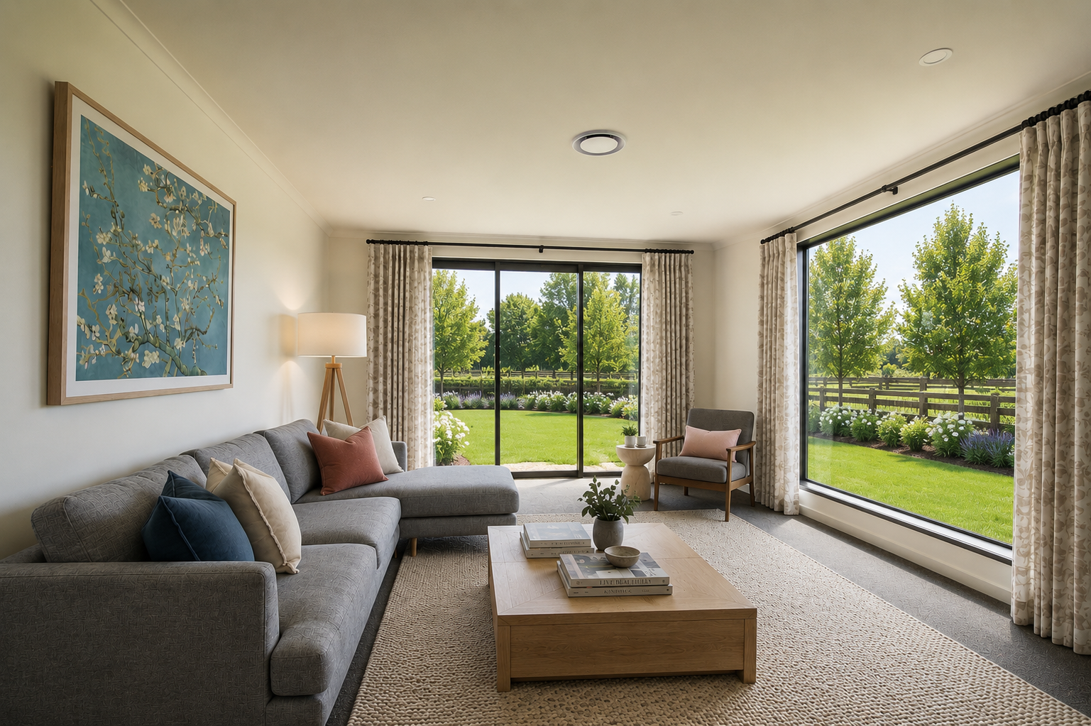 The spacious lounge with its gorgeous floor to ceiling windows